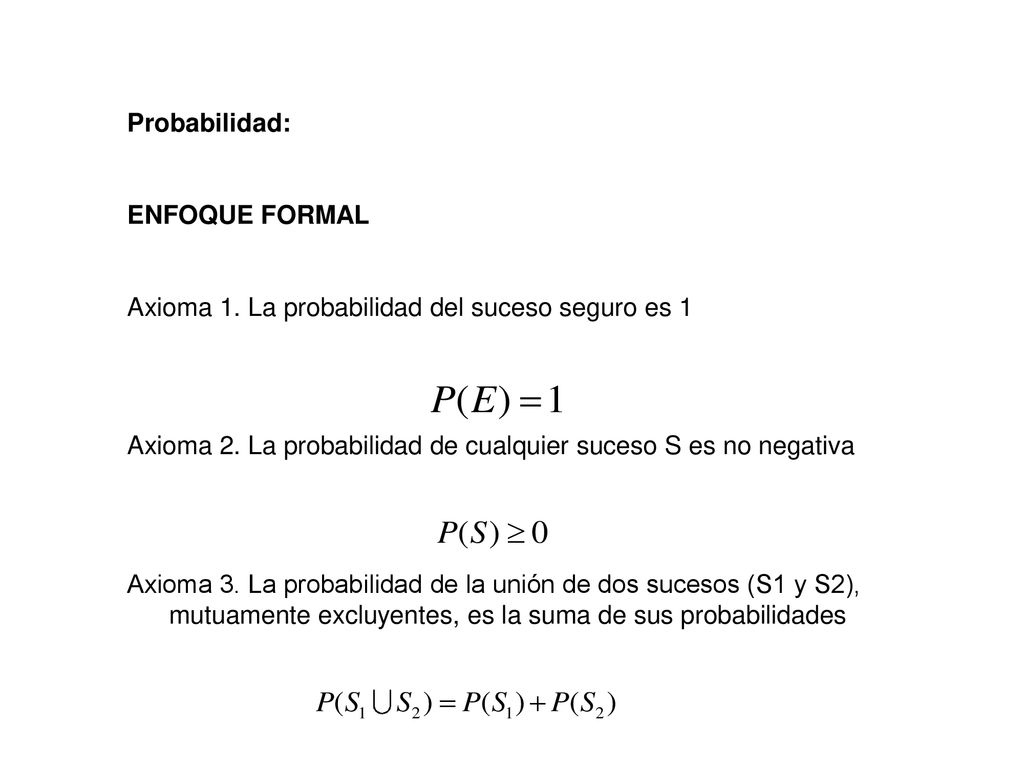 Probabilidad: ENFOQUE FORMAL. Axioma 1. La probabilidad del suceso seguro es 1. Axioma 2. La probabilidad de cualquier suceso S es no negativa.