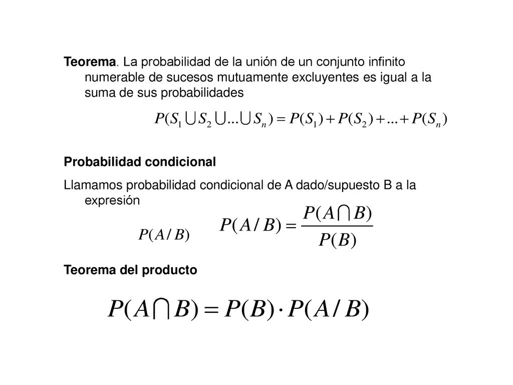 Teorema. La probabilidad de la unión de un conjunto infinito numerable de sucesos mutuamente excluyentes es igual a la suma de sus probabilidades