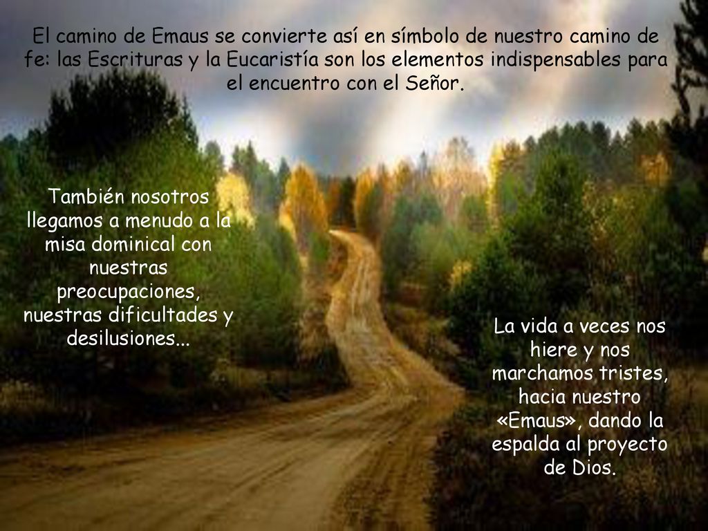 El camino de Emaus se convierte así en símbolo de nuestro camino de fe: las Escrituras y la Eucaristía son los elementos indispensables para el encuentro con el Señor.