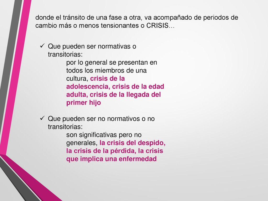 donde el tránsito de una fase a otra, va acompañado de periodos de cambio más o menos tensionantes o CRISIS…