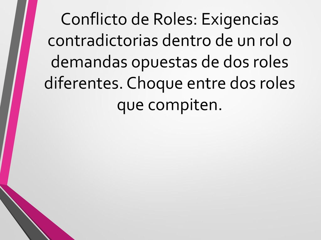 Conflicto de Roles: Exigencias contradictorias dentro de un rol o demandas opuestas de dos roles diferentes.