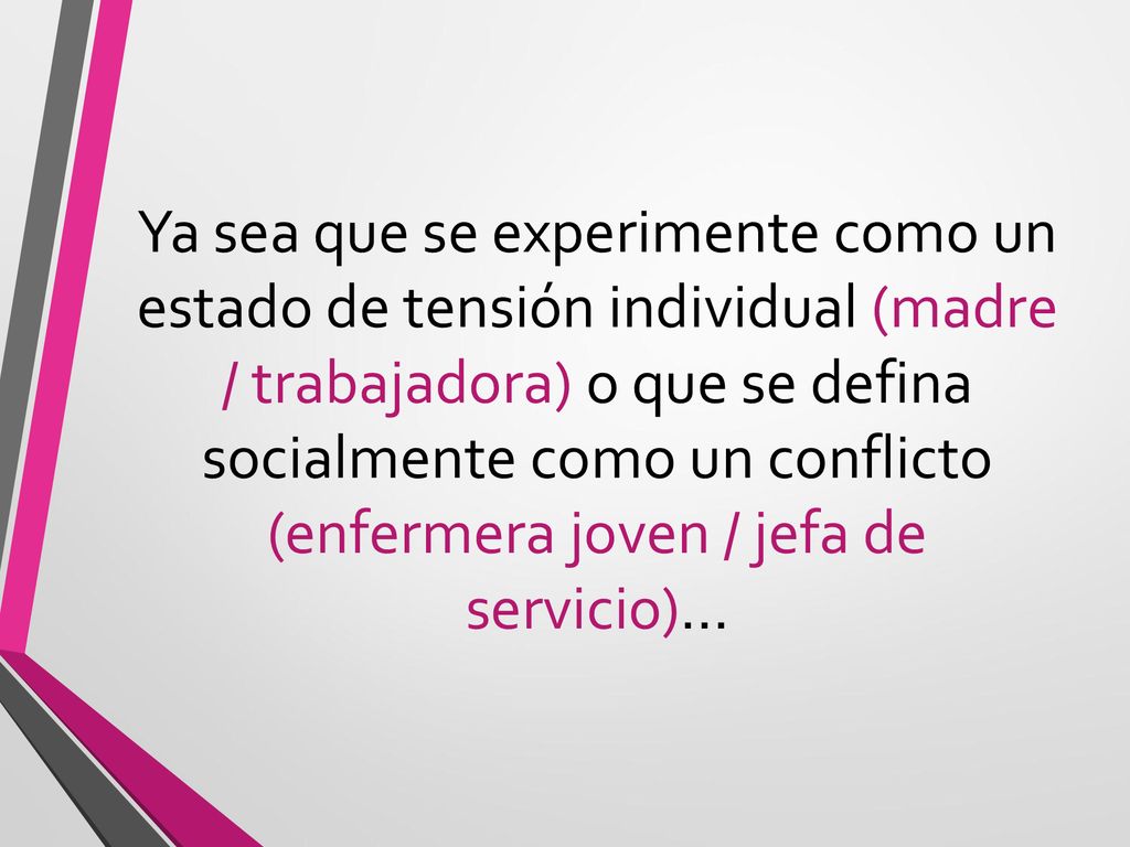 Ya sea que se experimente como un estado de tensión individual (madre / trabajadora) o que se defina socialmente como un conflicto (enfermera joven / jefa de servicio)…