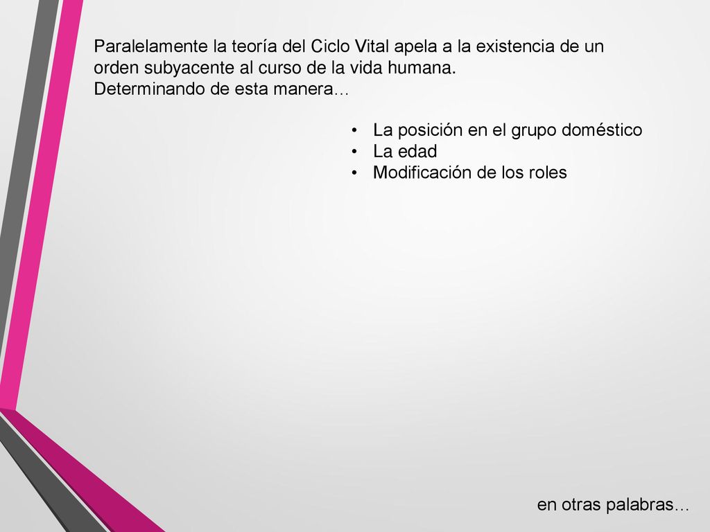 Paralelamente la teoría del Ciclo Vital apela a la existencia de un orden subyacente al curso de la vida humana.