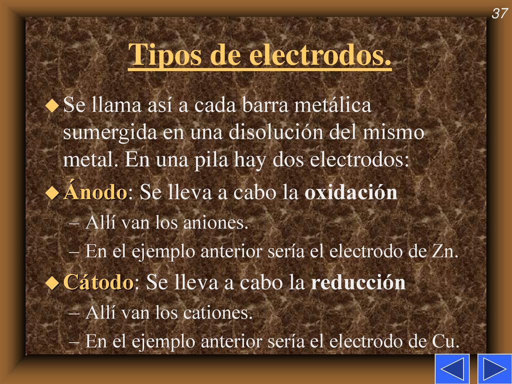 Tipos de electrodos. Se llama así a cada barra metálica sumergida en una disolución del mismo metal. En una pila hay dos electrodos: