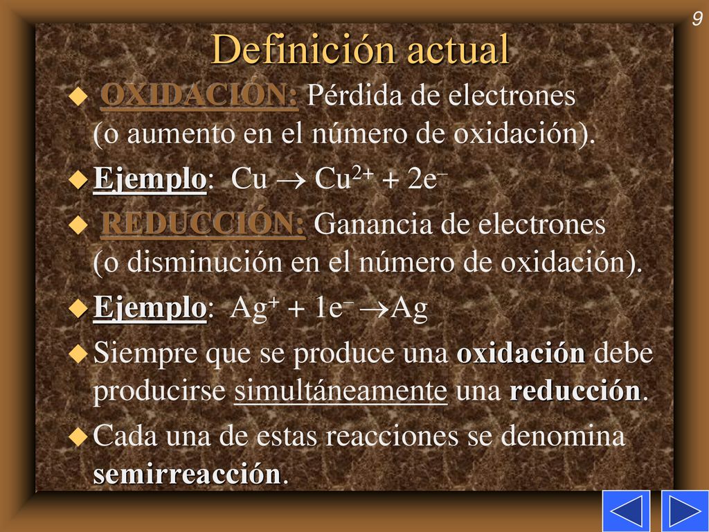 Definición actual OXIDACIÓN: Pérdida de electrones (o aumento en el número de oxidación). Ejemplo: Cu  Cu2+ + 2e–