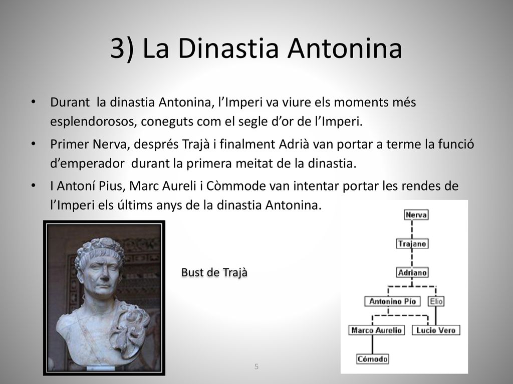 3) La Dinastia Antonina Durant la dinastia Antonina, l’Imperi va viure els moments més esplendorosos, coneguts com el segle d’or de l’Imperi.
