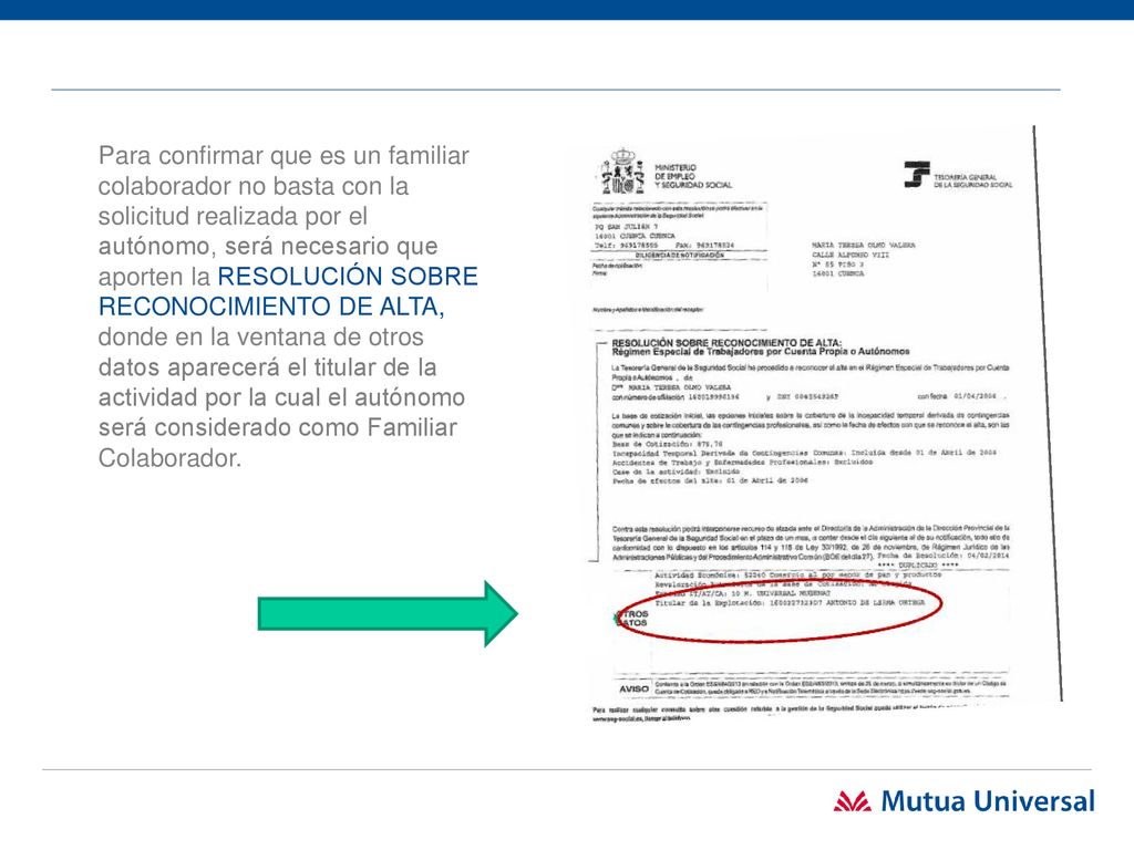 Para confirmar que es un familiar colaborador no basta con la solicitud realizada por el autónomo, será necesario que aporten la RESOLUCIÓN SOBRE RECONOCIMIENTO DE ALTA, donde en la ventana de otros datos aparecerá el titular de la actividad por la cual el autónomo será considerado como Familiar Colaborador.