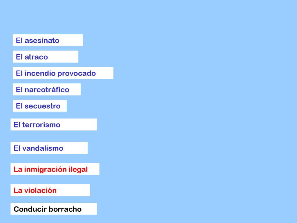 El asesinato El atraco. El incendio provocado. El narcotráfico. El secuestro. El terrorismo. El vandalismo.