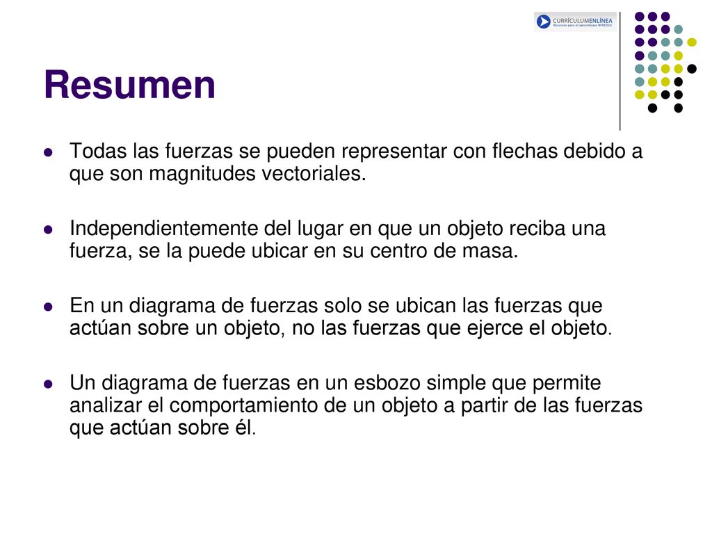 Resumen Todas las fuerzas se pueden representar con flechas debido a que son magnitudes vectoriales.