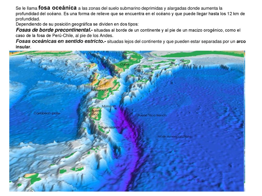 Se le llama fosa oceánica a las zonas del suelo submarino deprimidas y alargadas donde aumenta la profundidad del océano.