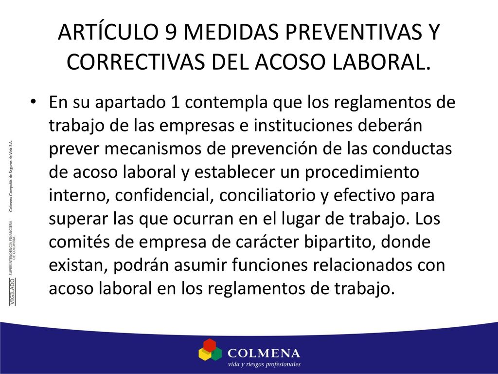 ARTÍCULO 9 MEDIDAS PREVENTIVAS Y CORRECTIVAS DEL ACOSO LABORAL.