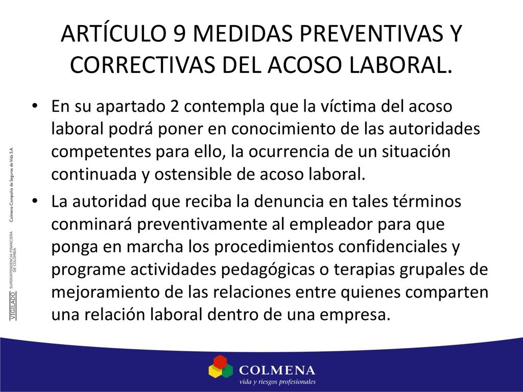 ARTÍCULO 9 MEDIDAS PREVENTIVAS Y CORRECTIVAS DEL ACOSO LABORAL.