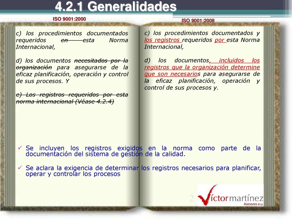 4.2.1 Generalidades ISO 9001:2000. ISO 9001:2008. c) los procedimientos documentados requeridos en esta Norma Internacional,