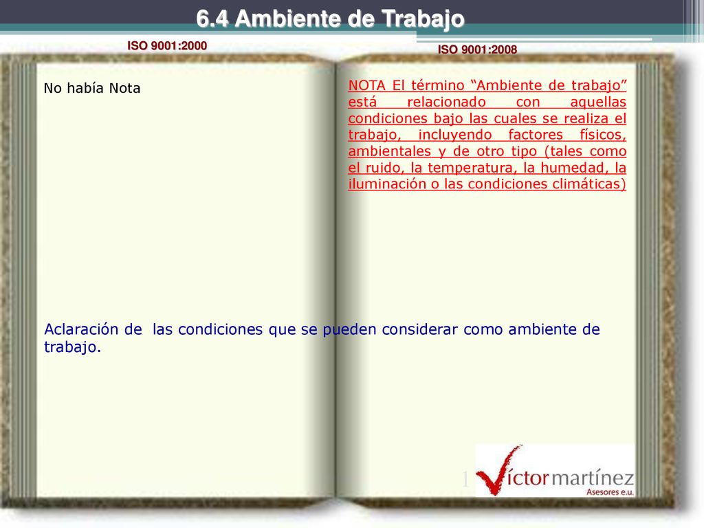 6.4 Ambiente de Trabajo ISO 9001:2000. ISO 9001:2008. No había Nota.