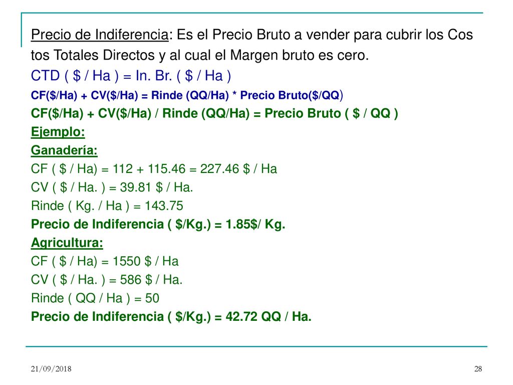 tos Totales Directos y al cual el Margen bruto es cero.