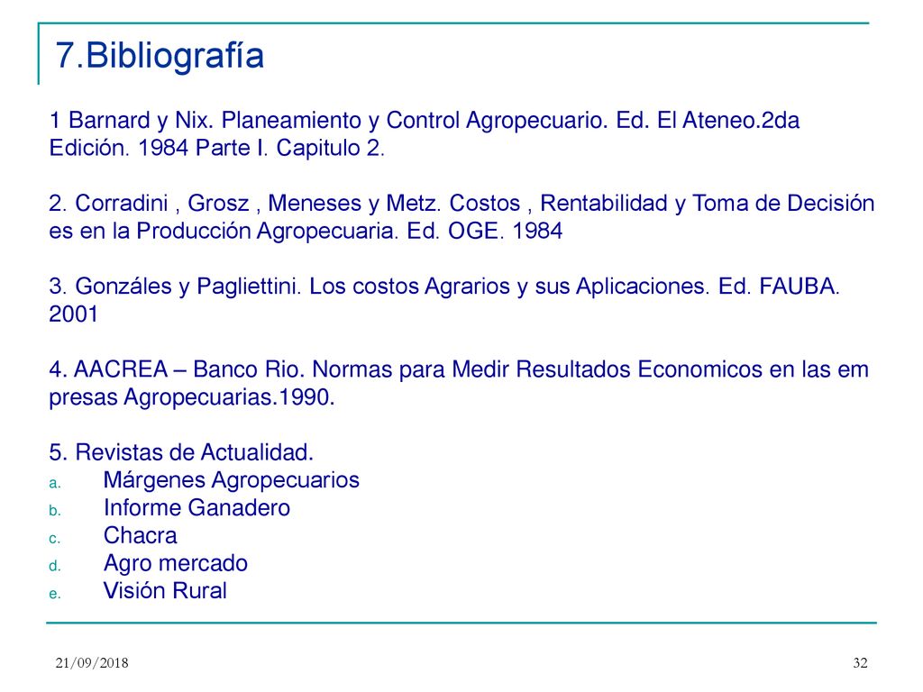 7.Bibliografía 1 Barnard y Nix. Planeamiento y Control Agropecuario. Ed. El Ateneo.2da. Edición Parte I. Capitulo 2.