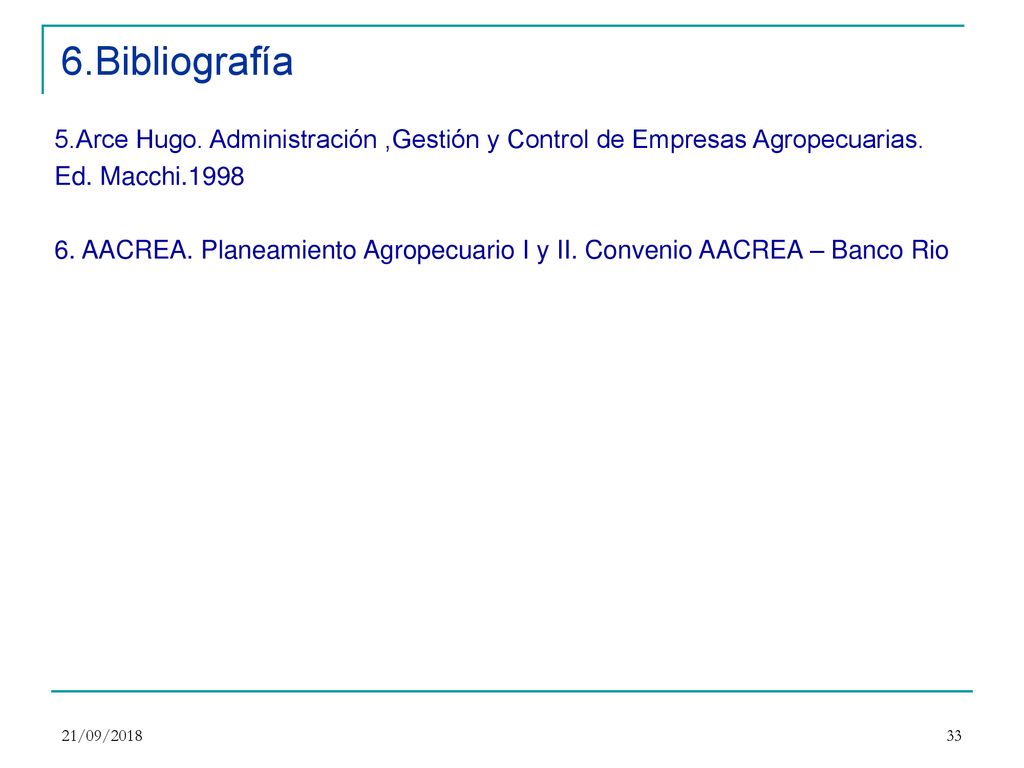 6.Bibliografía 5.Arce Hugo. Administración ,Gestión y Control de Empresas Agropecuarias. Ed. Macchi