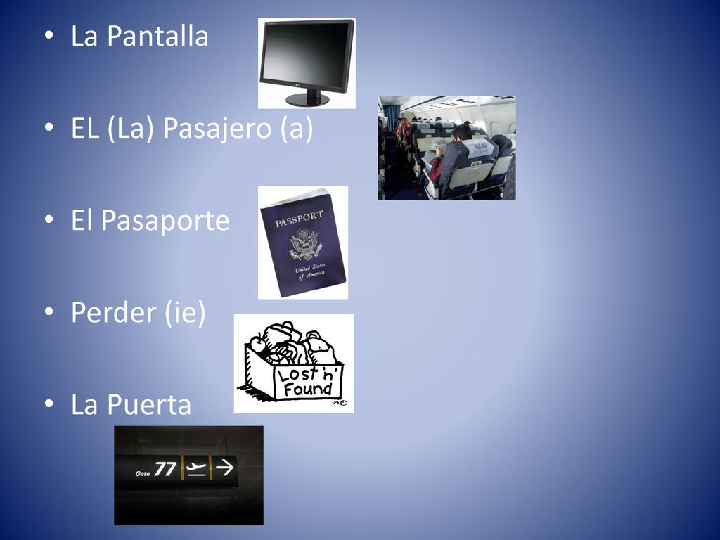 La Pantalla EL (La) Pasajero (a) El Pasaporte Perder (ie) La Puerta
