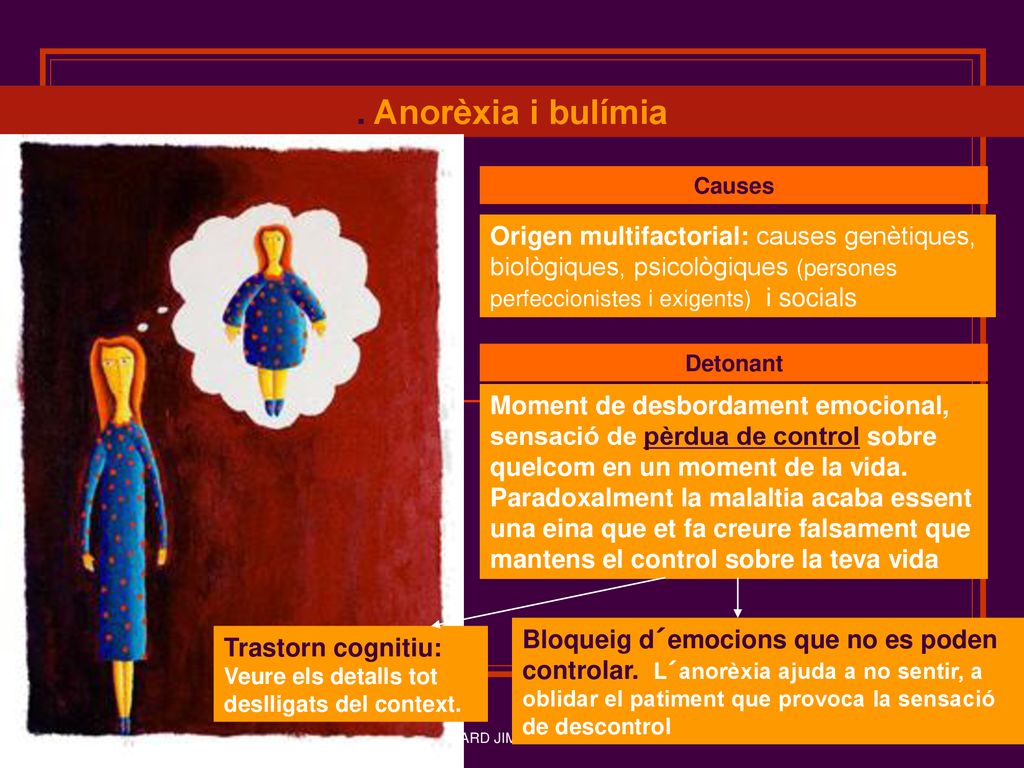 . Anorèxia i bulímia Causes. Origen multifactorial: causes genètiques, biològiques, psicològiques (persones perfeccionistes i exigents) i socials.