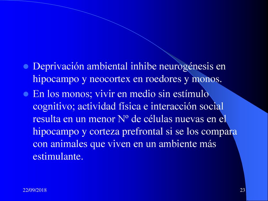 Deprivación ambiental inhibe neurogénesis en hipocampo y neocortex en roedores y monos.