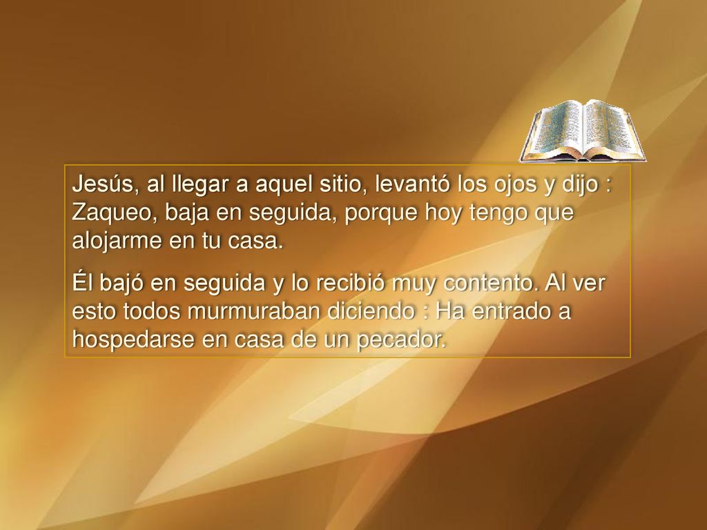 Jesús, al llegar a aquel sitio, levantó los ojos y dijo : Zaqueo, baja en seguida, porque hoy tengo que alojarme en tu casa.