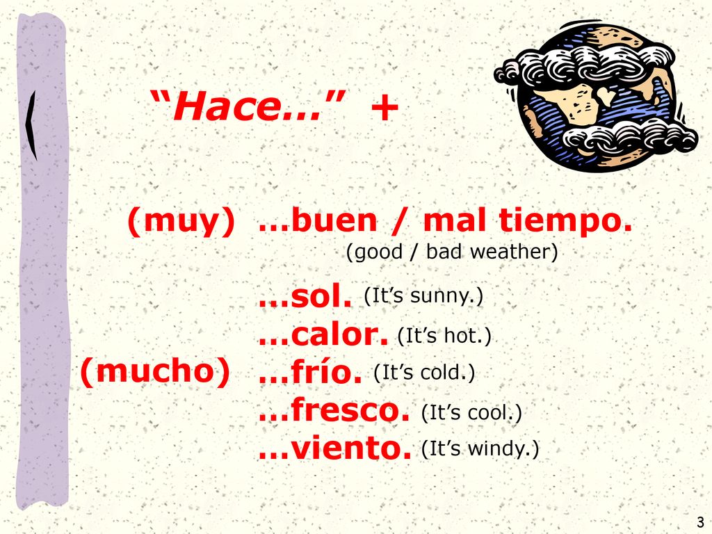 Hace… + (muy) …buen / mal tiempo. …sol. …calor. …frío. …fresco.
