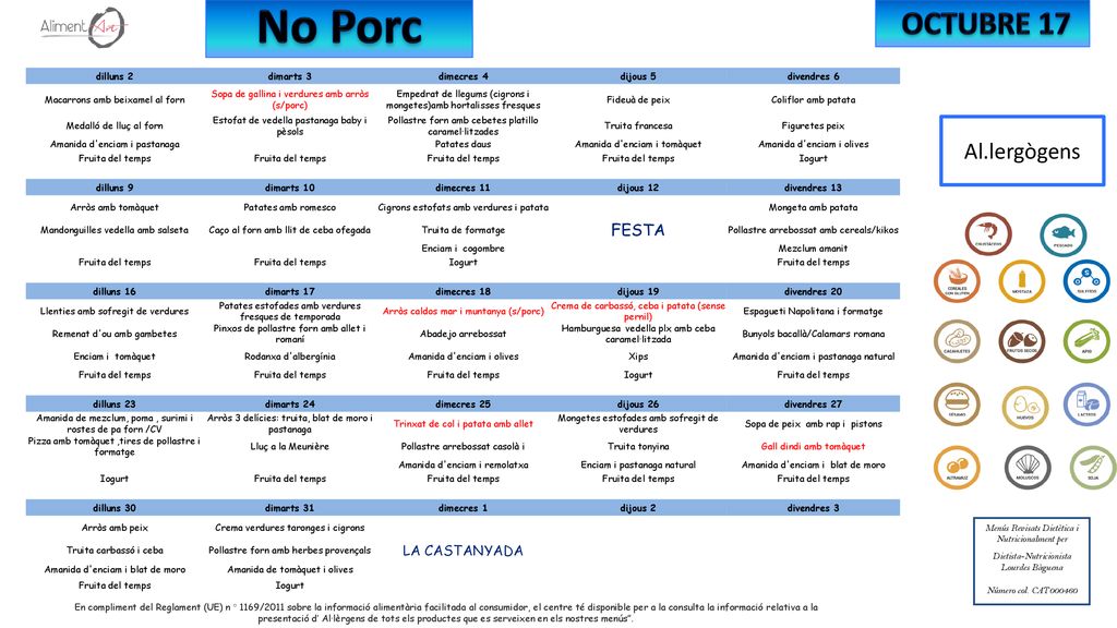 No Porc OCTUBRE 17 Al.lergògens FESTA LA CASTANYADA dilluns 2