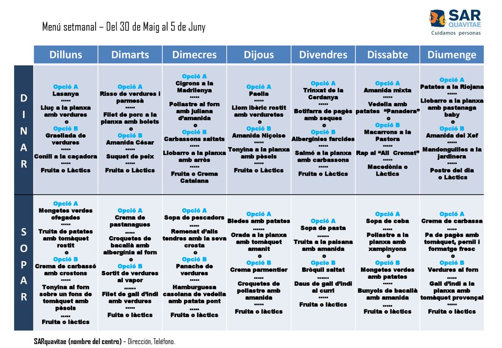 Menú setmanal – Del 30 de Maig al 5 de Juny Dilluns Dimarts Dimecres