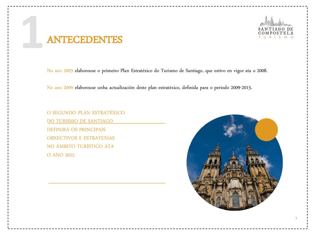 1 ANTECEDENTES. No ano 2003 elaborouse o primeiro Plan Estratéxico do Turismo de Santiago, que estivo en vigor ata o