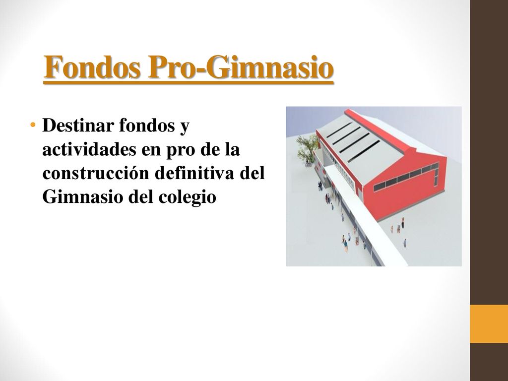 Fondos Pro-Gimnasio Destinar fondos y actividades en pro de la construcción definitiva del Gimnasio del colegio.