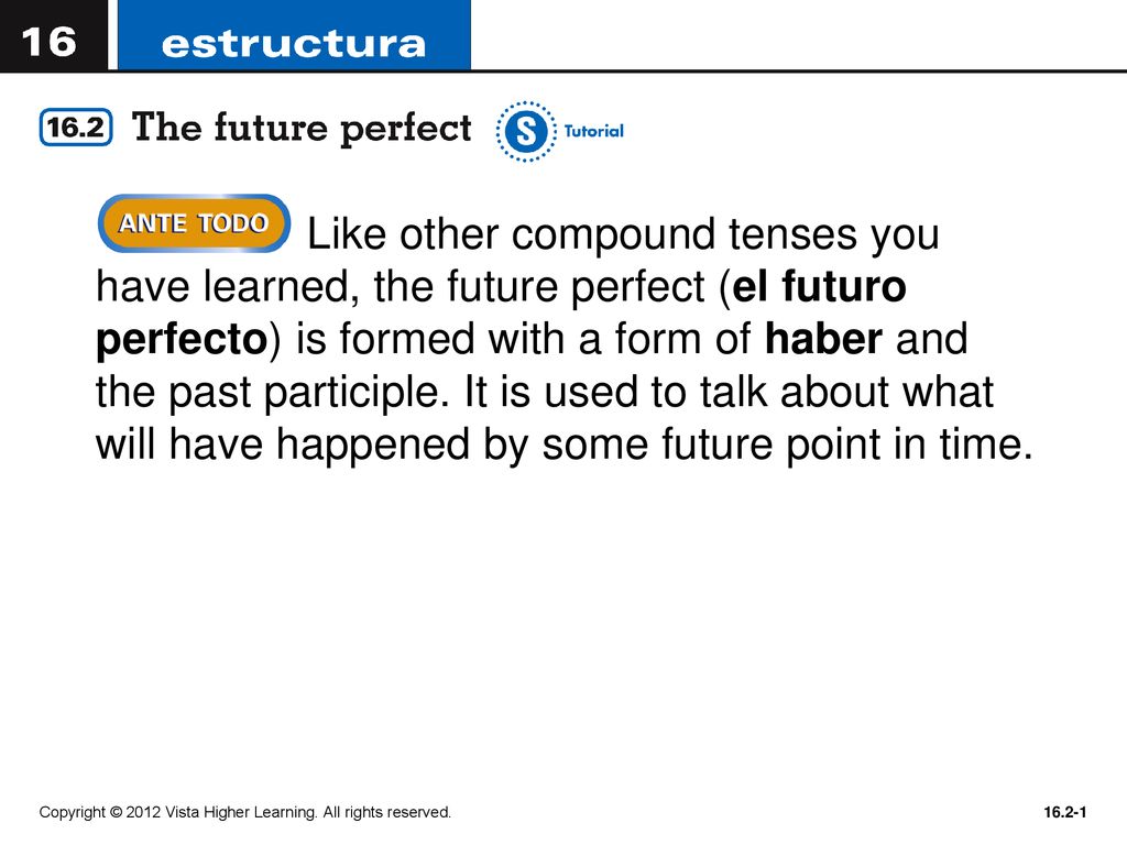 Like other compound tenses you have learned, the future perfect (el futuro perfecto) is formed with a form of haber and the past participle. It is used to talk about what will have happened by some future point in time.