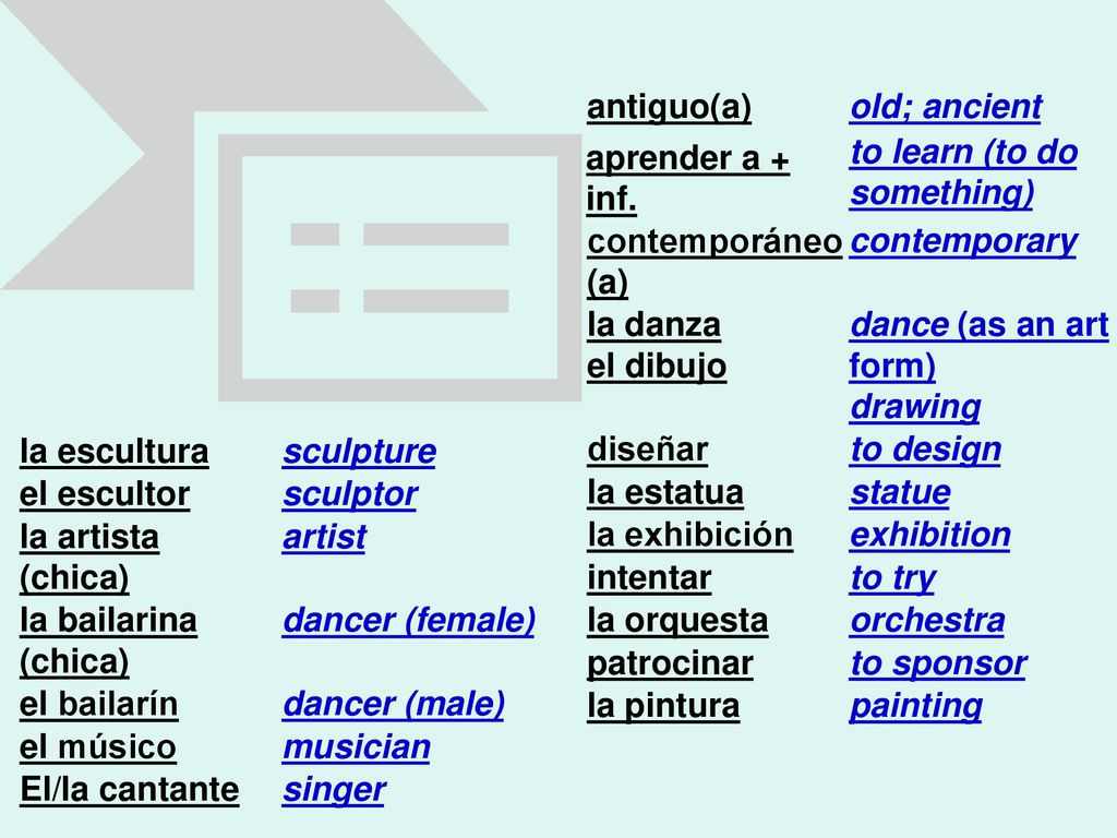 antiguo(a) old; ancient. to learn (to do something) aprender a + inf. contemporáneo(a) contemporary.