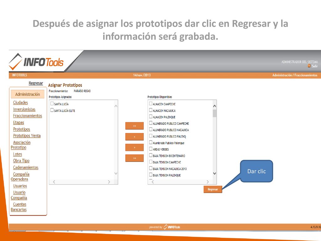 Después de asignar los prototipos dar clic en Regresar y la información será grabada.