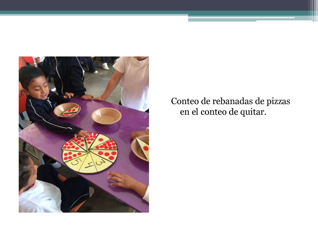 Conteo de rebanadas de pizzas en el conteo de quitar.