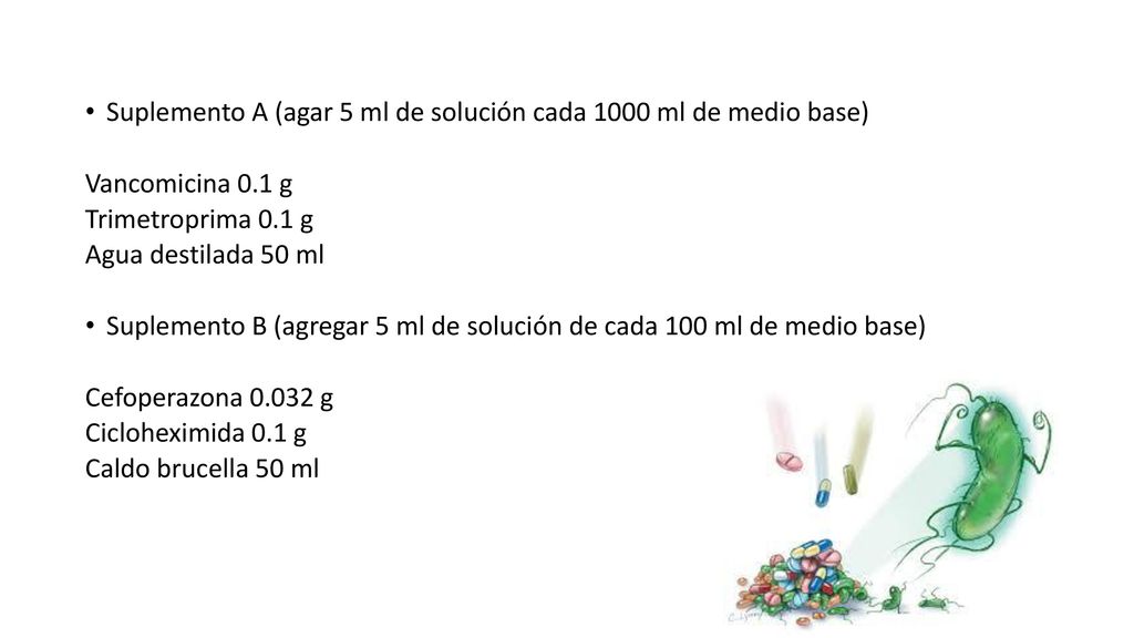 Suplemento A (agar 5 ml de solución cada 1000 ml de medio base)