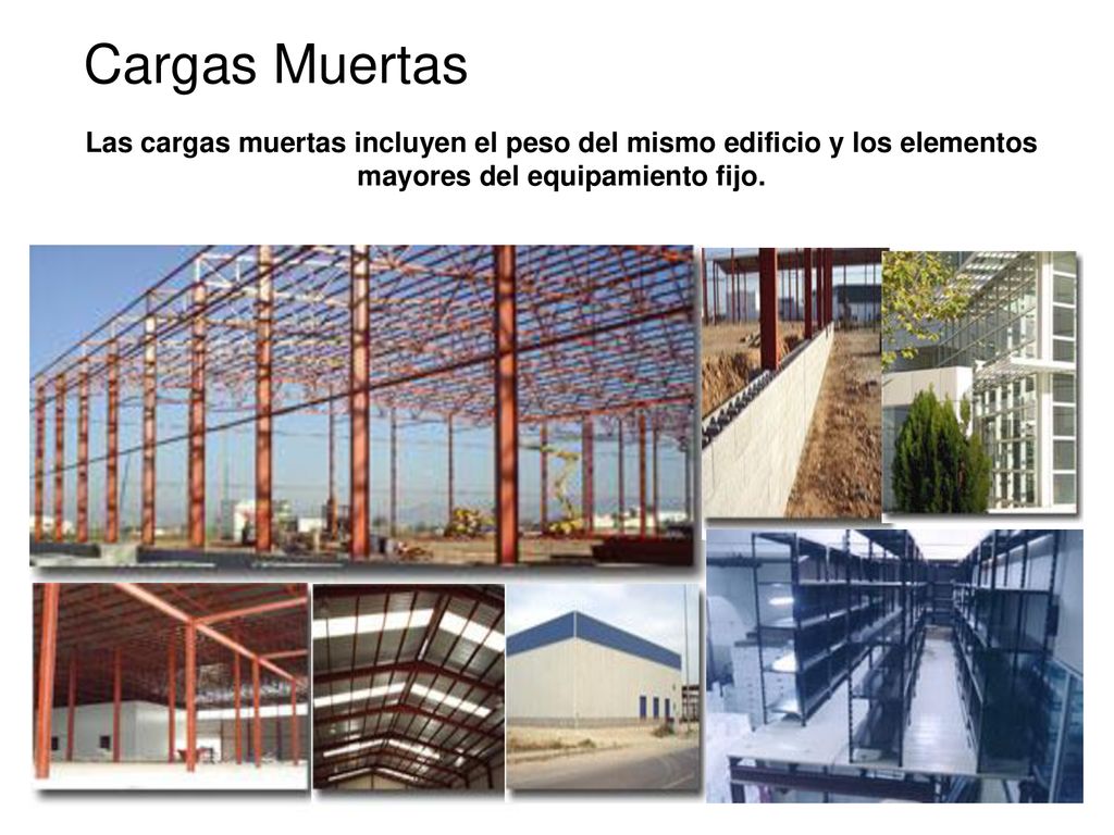 Cargas Muertas Las cargas muertas incluyen el peso del mismo edificio y los elementos mayores del equipamiento fijo.