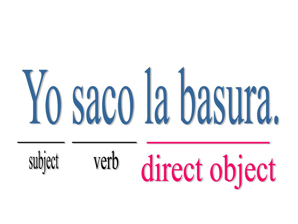 Yo saco la basura. _________ subject _________ verb _________ direct object