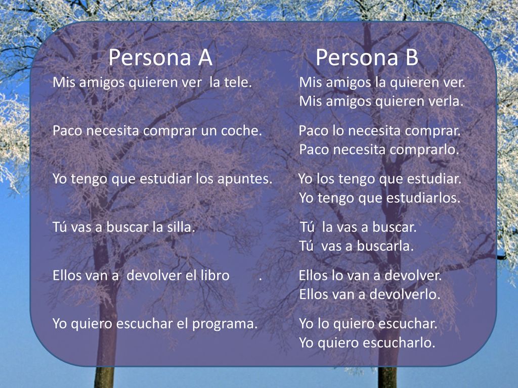 Persona A Persona B Mis amigos quieren ver la tele. Mis amigos la quieren ver. Mis amigos quieren verla.