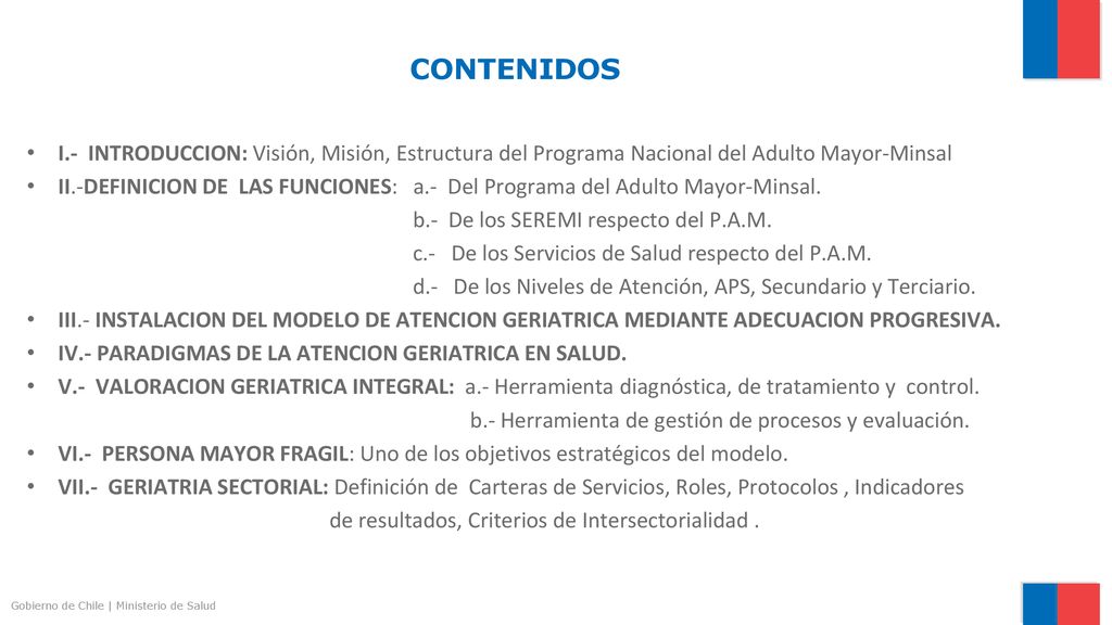 CONTENIDOS I.- INTRODUCCION: Visión, Misión, Estructura del Programa Nacional del Adulto Mayor-Minsal.