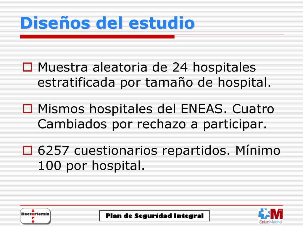 Diseños del estudio Muestra aleatoria de 24 hospitales estratificada por tamaño de hospital.