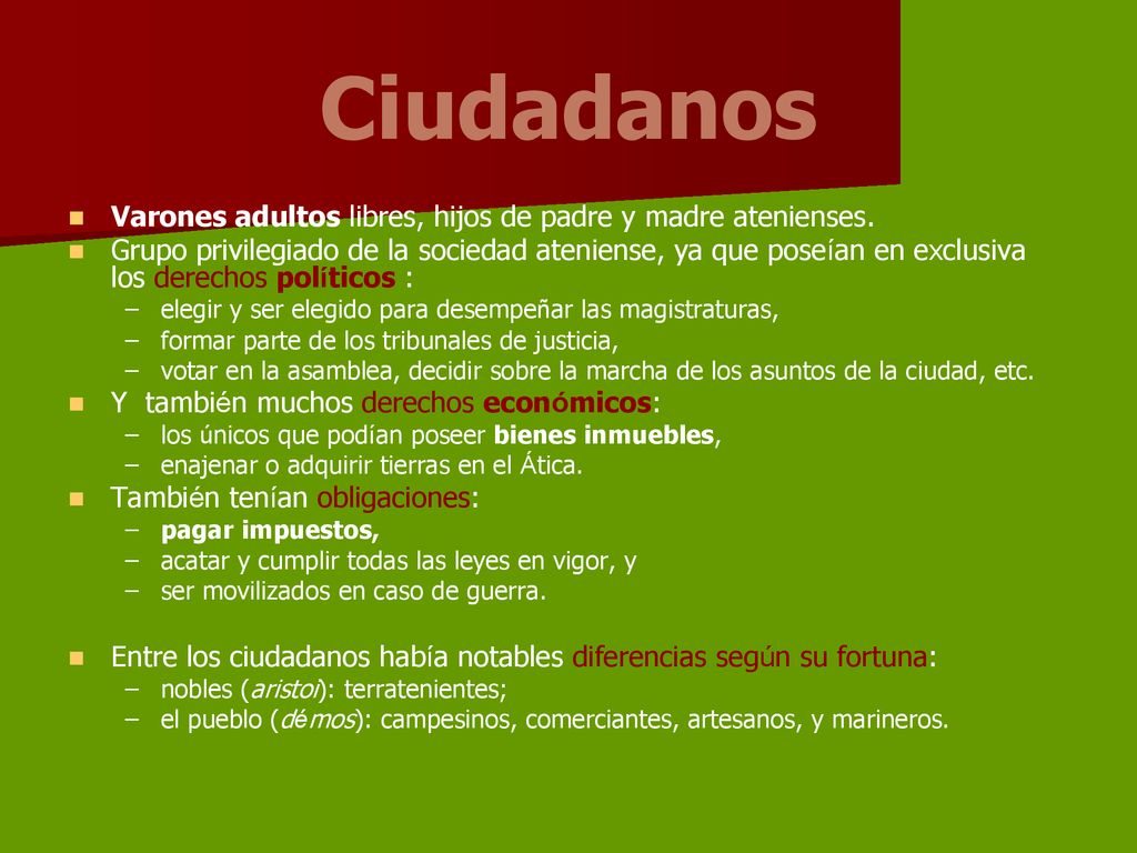 Ciudadanos Varones adultos libres, hijos de padre y madre atenienses.