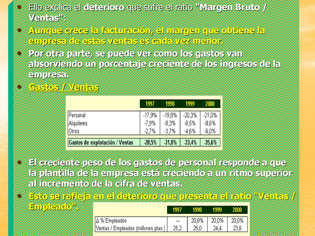 Ello explica el deterioro que sufre el ratio Margen Bruto / Ventas :