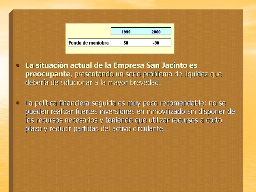 La situación actual de la Empresa San Jacinto es preocupante, presentando un serio problema de liquidez que debería de solucionar a la mayor brevedad.
