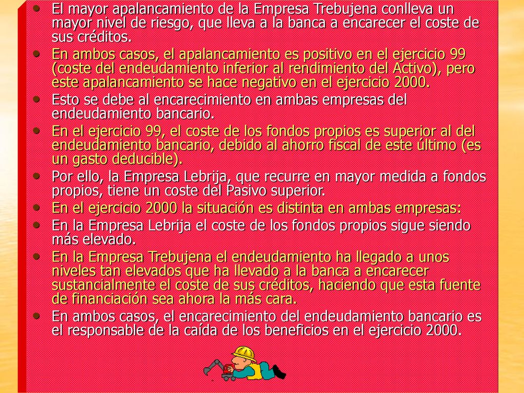 El mayor apalancamiento de la Empresa Trebujena conlleva un mayor nivel de riesgo, que lleva a la banca a encarecer el coste de sus créditos.