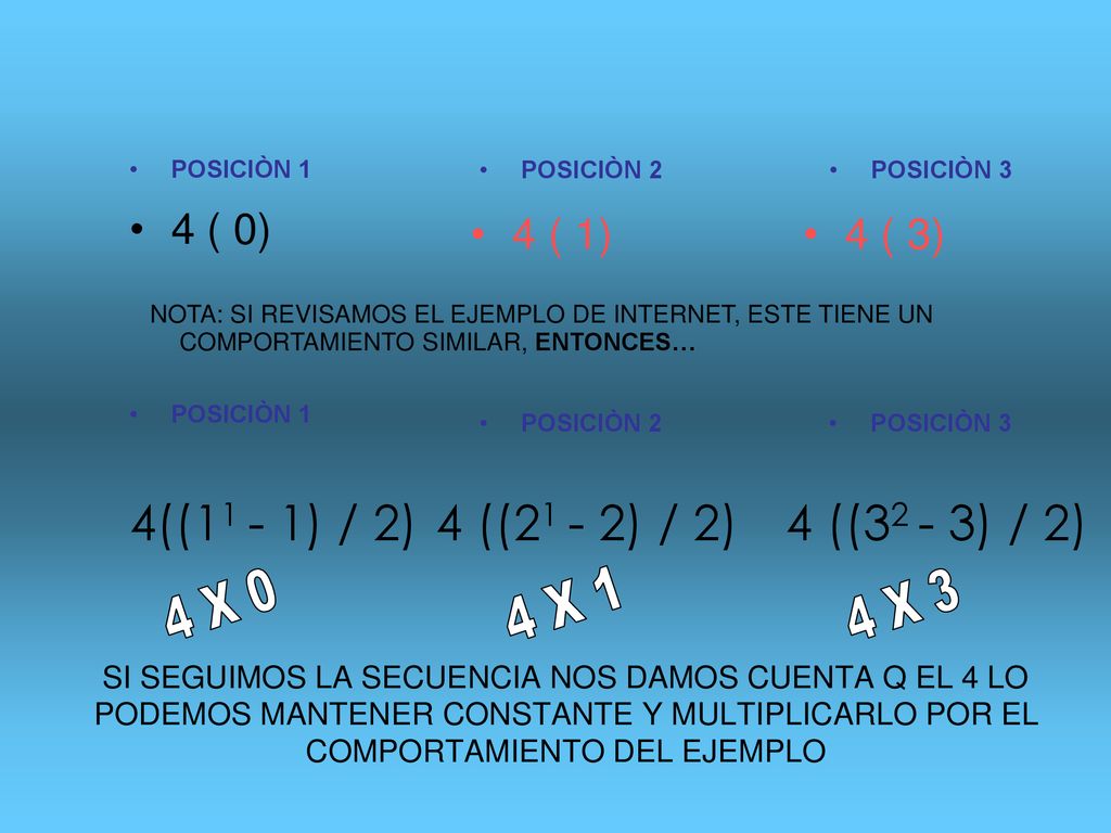 4 X 0 4 X 1 4 X 3 4((11 - 1) / 2) 4 ((21 - 2) / 2) 4 ((32 - 3) / 2)