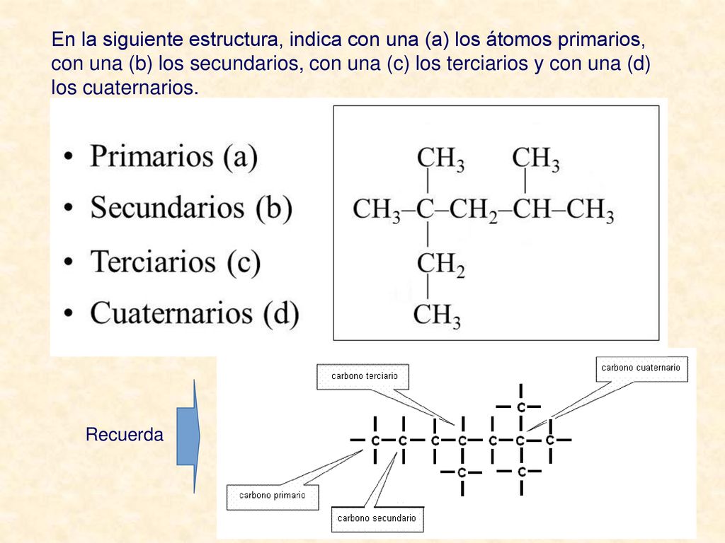 En la siguiente estructura, indica con una (a) los átomos primarios, con una (b) los secundarios, con una (c) los terciarios y con una (d) los cuaternarios.