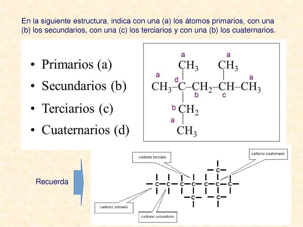 En la siguiente estructura, indica con una (a) los átomos primarios, con una (b) los secundarios, con una (c) los terciarios y con una (b) los cuaternarios.