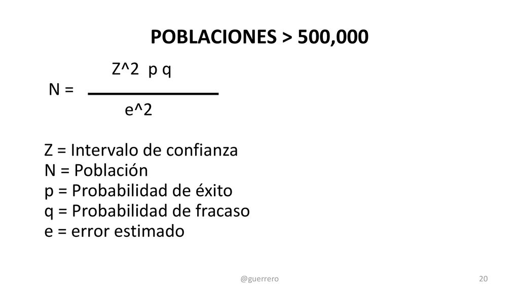 POBLACIONES > 500,000 Z^2 p q N = e^2 Z = Intervalo de confianza