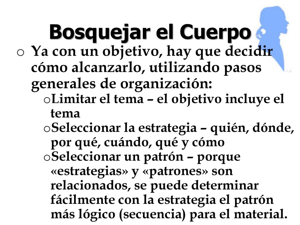 Bosquejar el Cuerpo Ya con un objetivo, hay que decidir cómo alcanzarlo, utilizando pasos generales de organización:
