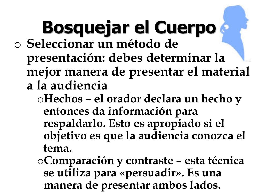 Bosquejar el Cuerpo Seleccionar un método de presentación: debes determinar la mejor manera de presentar el material a la audiencia.